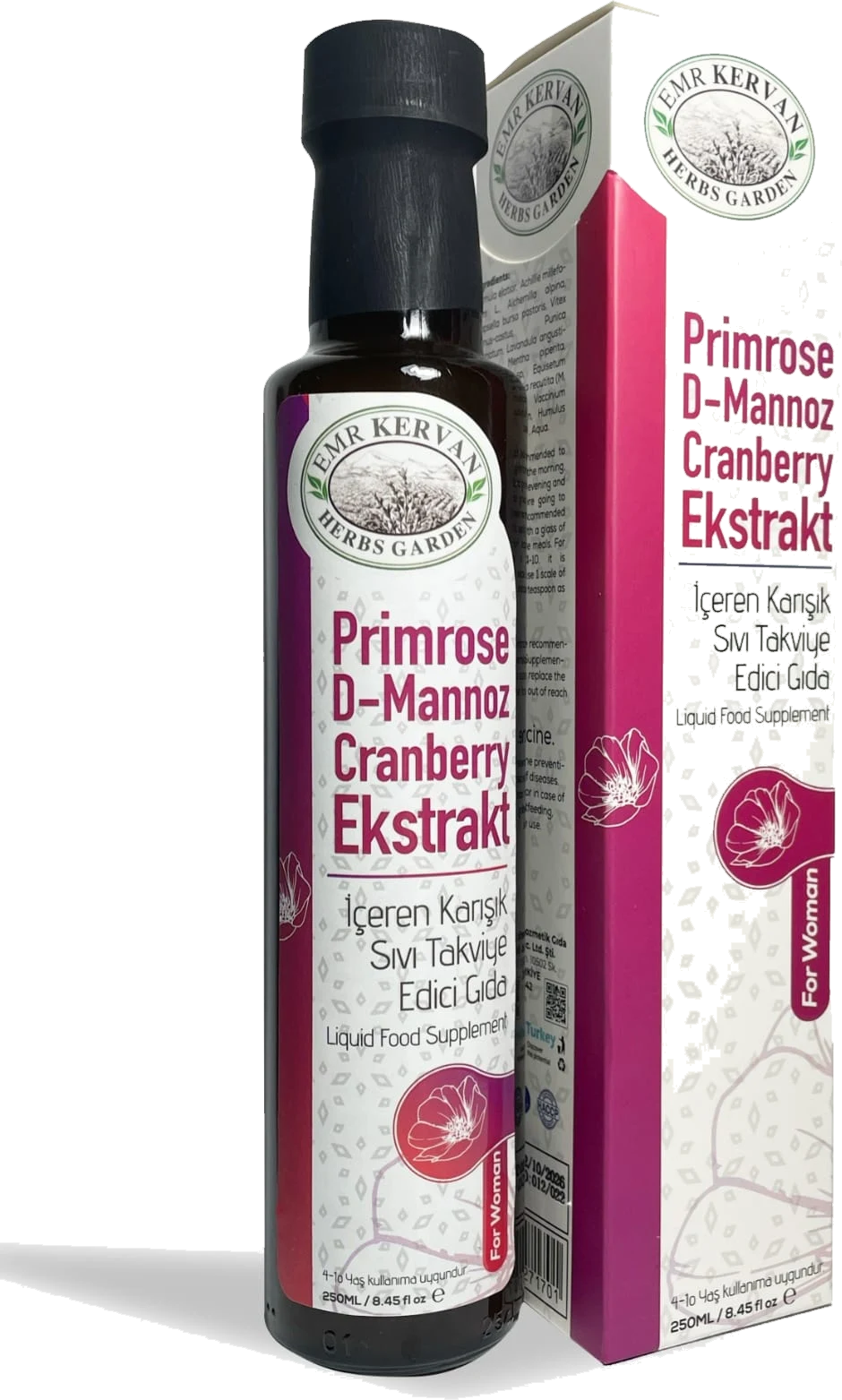 Emr Kervan Herbs Garden Primrose, D-Mannoz ve Cranberry Ekstrakt 250 ml şişe ve kutu